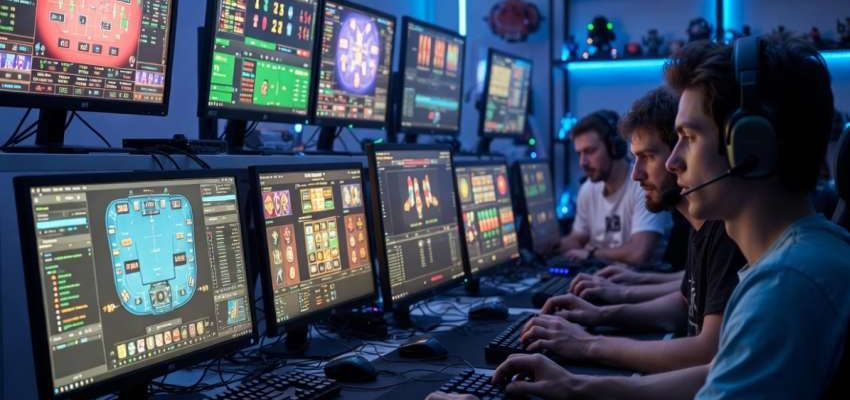 Online kaszinó PvP mód: játékosok versenyeznek valós időben több monitoron, neon fényekkel megvilágított gaming setup