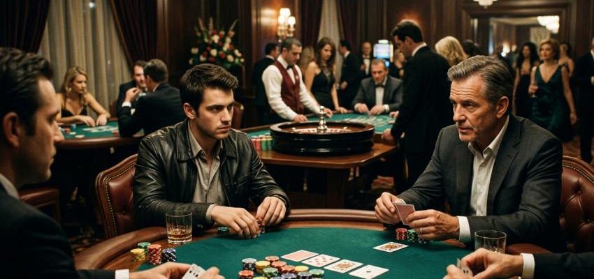 Feszült hangulatú pókerjátszma egy elegáns, klasszikus stílusú kaszinóban, ahol öltönyös férfiak kártyáznak a zöld posztós asztalnál, a háttérben rulettkerék és elegáns vendégek látszanak.