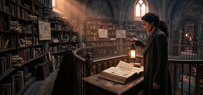 Hosszú kabátot viselő nő lámpással a kezében olvas egy ősi, illusztrált könyvet egy többszintes, gótikus stílusú könyvtárban, ahol a polcok roskadoznak a régi kötetektől.