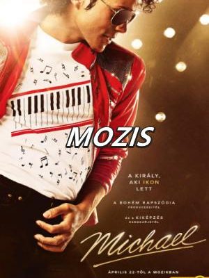 Filmplakát a 2026-os Michael című életrajzi filmhez, amelyen a Michael Jacksont alakító Jaafar Jackson látható ikonikus piros dzsekiben és napszemüvegben, színpadi fények előtt.