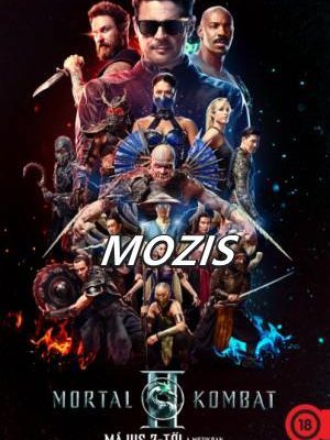 Filmplakát a Mortal Kombat 2. részéhez. A montázson középen felül Johnny Cage látható napszemüvegben, körülötte a játékból ismert harcosok (Kitana, Baraka, Shao Kahn és mások) harci pózban, kék és narancssárga tűz特效ok között.