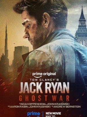 Filmplakát a Tom Clancy's Jack Ryan: Ghost War című filmhez. A profilból látható, sebesült arcú John Krasinski mögött London ikonikus óratornya, a Big Ben, valamint egy modern felhőkarcoló sziluettje tűnik fel.