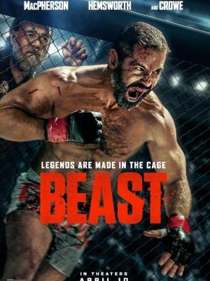 Látványos filmplakát a Harcra született című sport-akciódrámához. A képen egy véres, szakállas MMA-harcos látható ordítva, miközben a küzdőtér rácsai mögött Russell Crowe nézi őt feszült figyelemmel.
