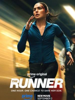 Dinamikus filmplakát a Versenyfutás az életért című akcióthrillerhez. A képen a megsebesült, kék melegítőt viselő Gal Gadot fut egy száguldó metró vagy vonat mellett a földalatti állomáson.